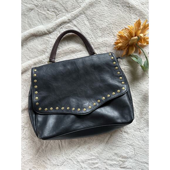 Black Faux Leather Bag with rivets large Satchel - Picture 1 of 5